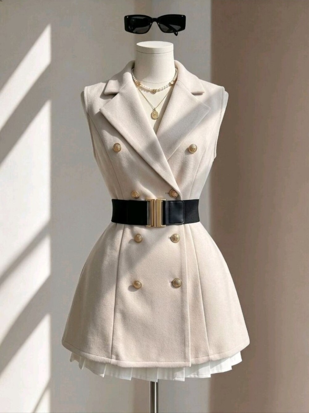 Women's Wool Blend Notch Lapel Button-Down Metal Button Cinched Waist Blazer
